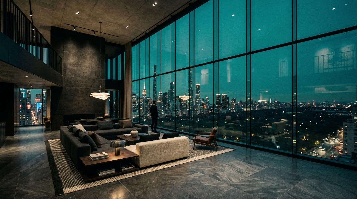 The living room's forty-foot wall of glass framing the Manhattan skyline