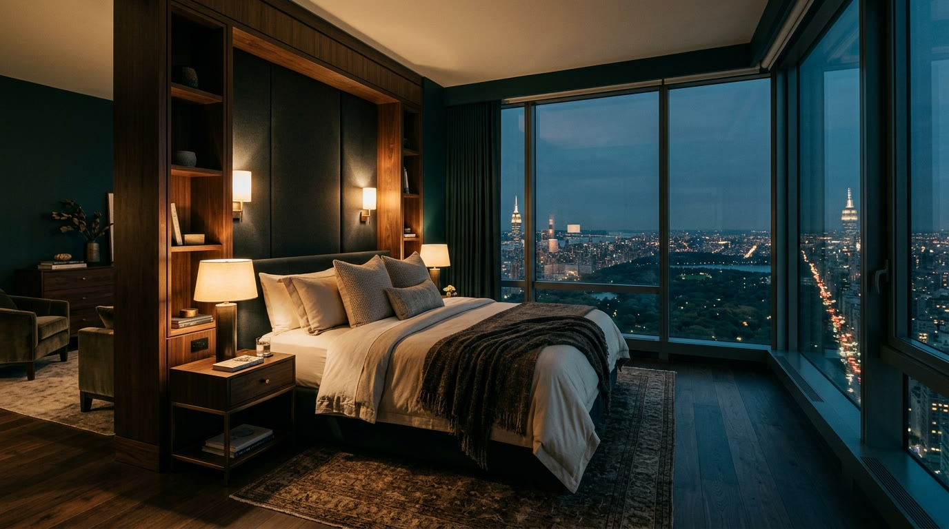 The primary suite at dusk, Central Park beyond the corner glass